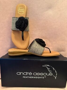Andre Assous Black Floral Toe-Post Sandals with Tan Footbed size 7